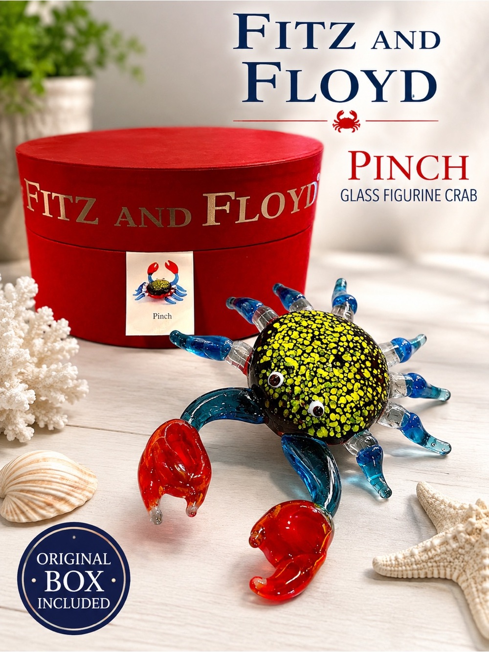 Fitz & Floyd “Pinch” Crab | Hand-Blown Art Glass Figurine  
w/Original Box